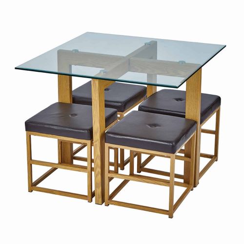 Cube Glass Top Wooden Dining Set